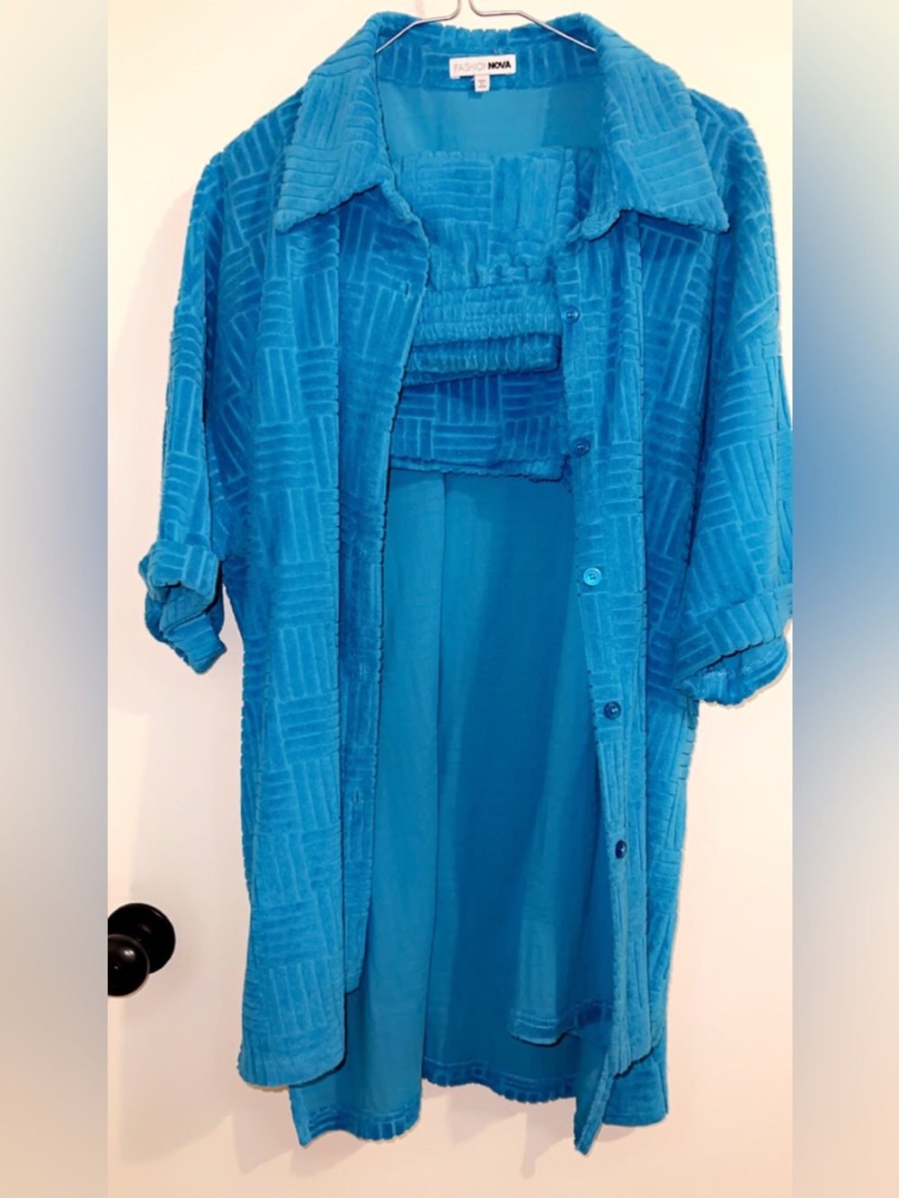 Fashion Nova Bright Teal Textured Button-Up Dress